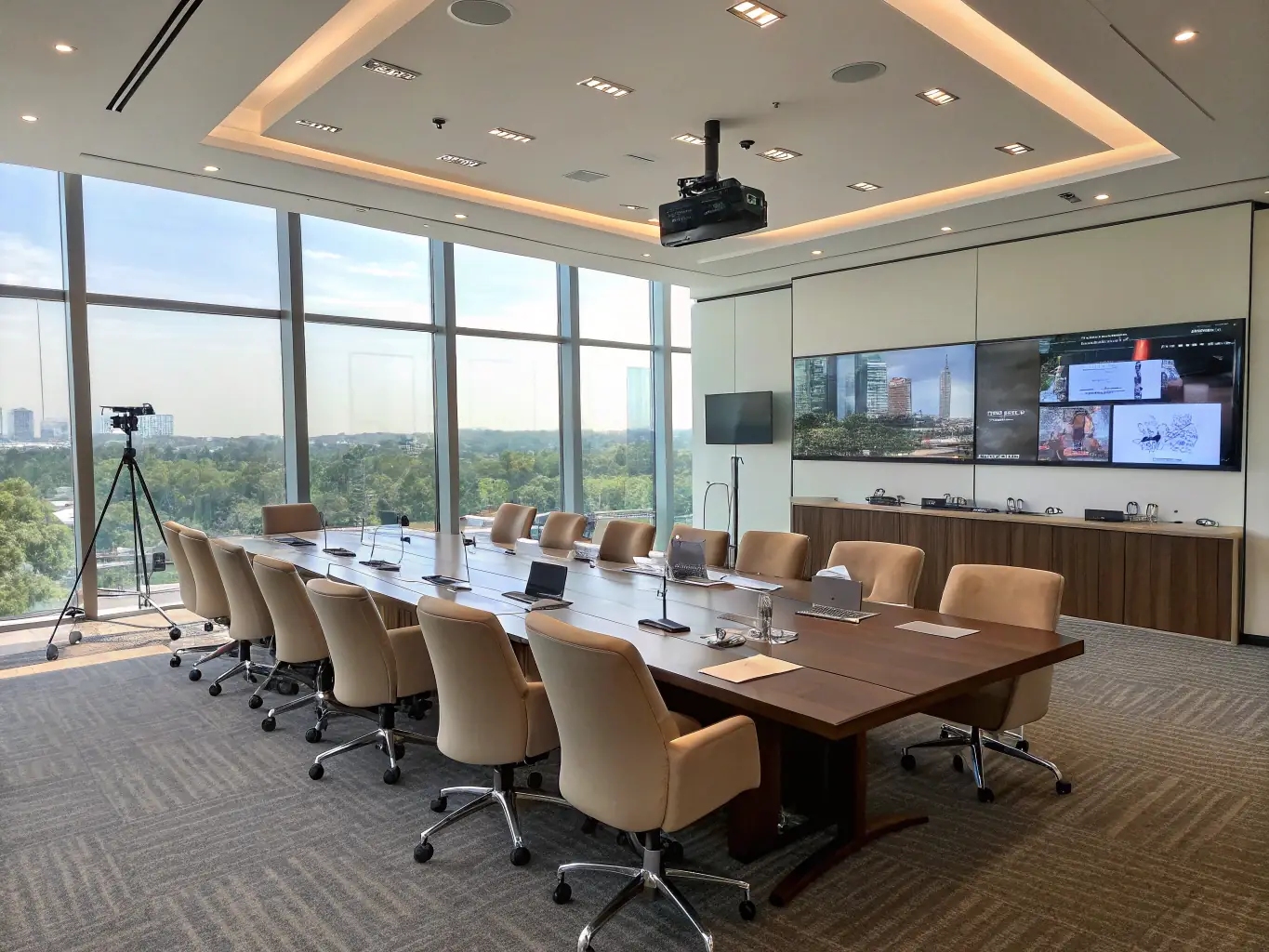 A well-equipped conference room with a large table, comfortable chairs, and a whiteboard, ideal for board meetings and small group collaborations at the Alpha Memphis Education Foundation.